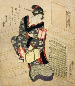 ランプとボックスを保持している階段を上る女性（カラーの木版画）